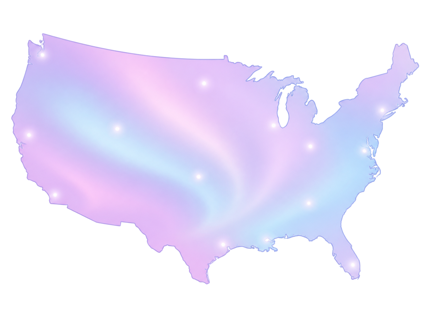Stylized pastel gradient map of the United States with glowing shipping hubs