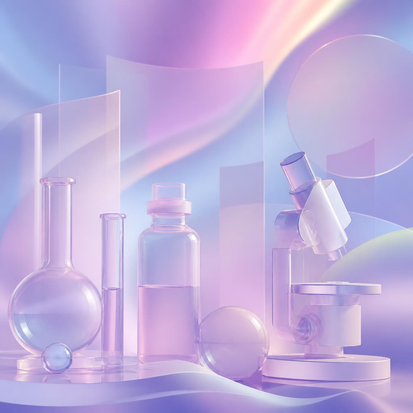 Pastel aurora still life of research vials, flasks and a microscope